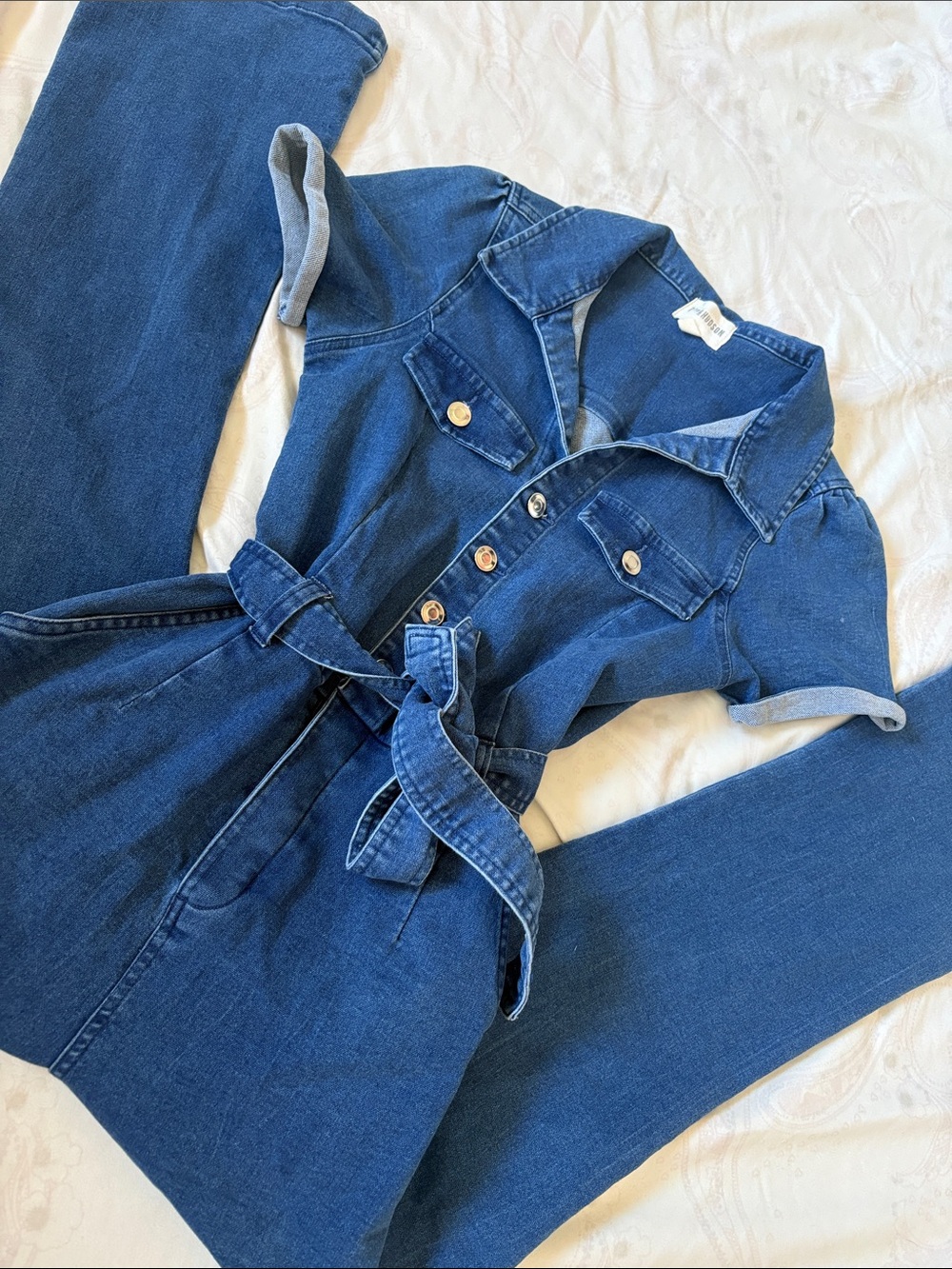 Dark Blue Denim Utility Jumpsuit Jeans with Tie Waist